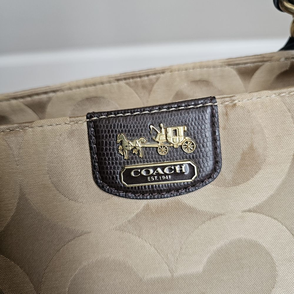Coach Signature Tote Khaki Brown Leather Trim Chain Straps - Picture 4 of 10